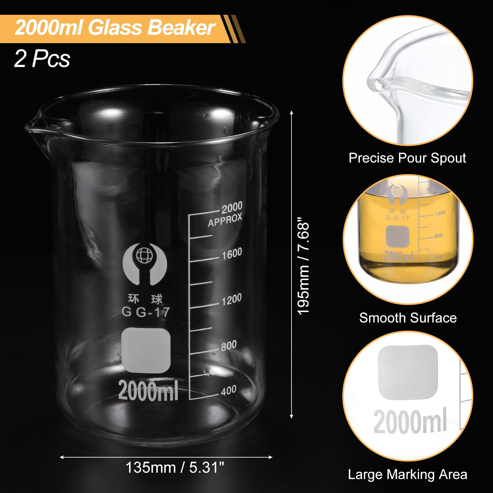 PATIKIL 2000ml Basso Forma Vetro Secchiello, 2pz 3.3 Vetro Borosilicato Vetro Graduato Stampato Bilancia Misuratore Tazze con Beccuccio per Cucina Laboratorio Liquidi