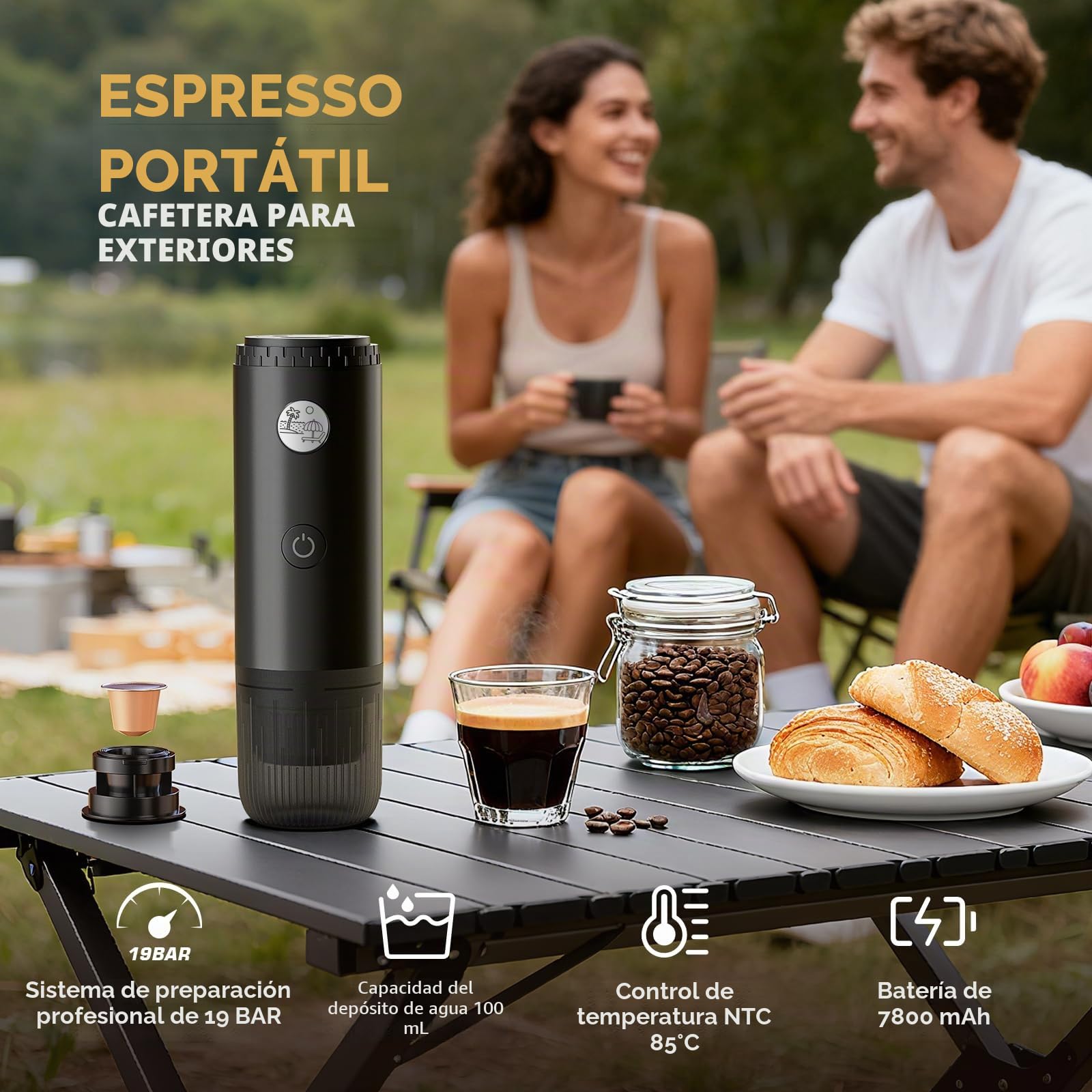 RECAFIMIL Cafetera portátil 3 en 1, máquina de café espresso portátil de 19 bares con calefacción automática, compatible con cápsulas NS y DG y café molido para camping, viajes y pero