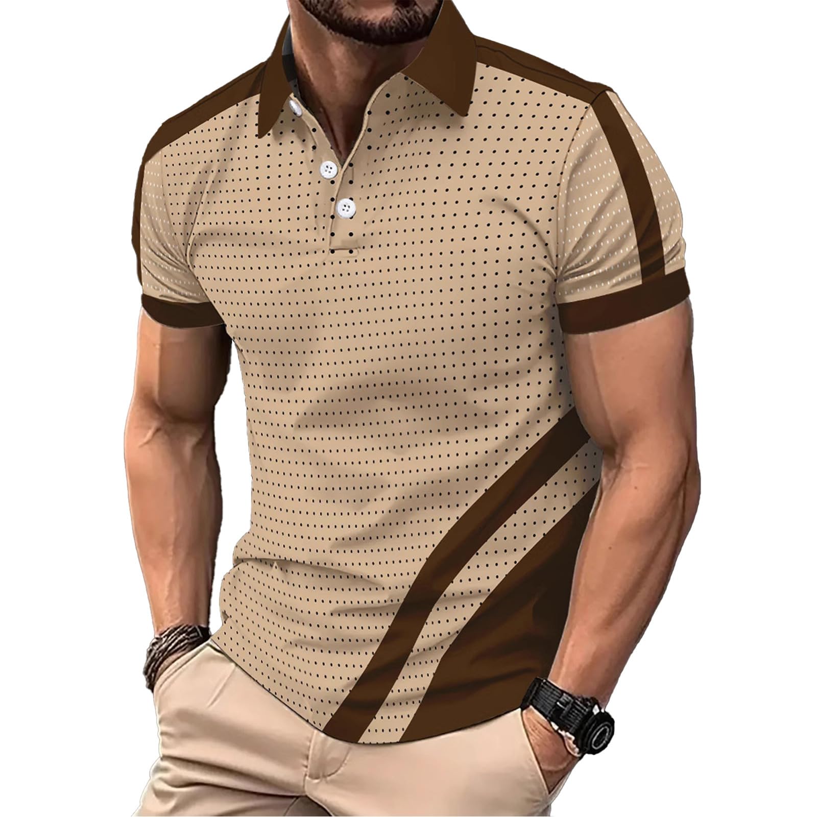 DEEX 2XL Khaki Men's Polo Shirts Short Sleeve 2026 Casual Polo T Shirt Color Block Slim Fit Summer Collared Golf Shirts