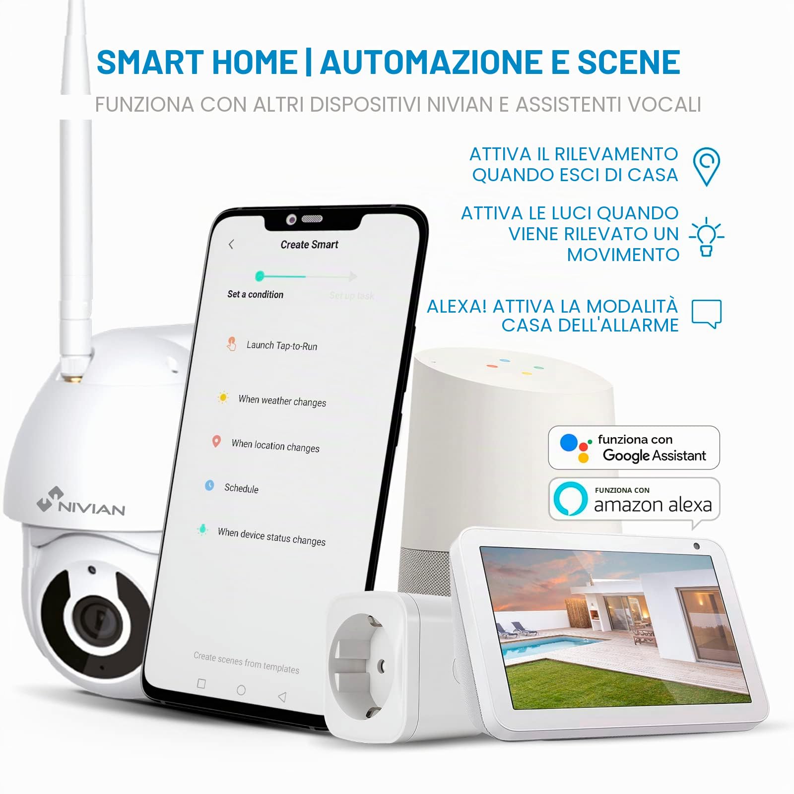 NIVIAN Telecamera PTZ Wifi 2,4Ghz-Half4K-Movimento da remoto 360º con Autotracking e rilevamento di persone-Visione notturna -Telecamera esterno -Compatibile con Alexa, Google Home e APP Tuya