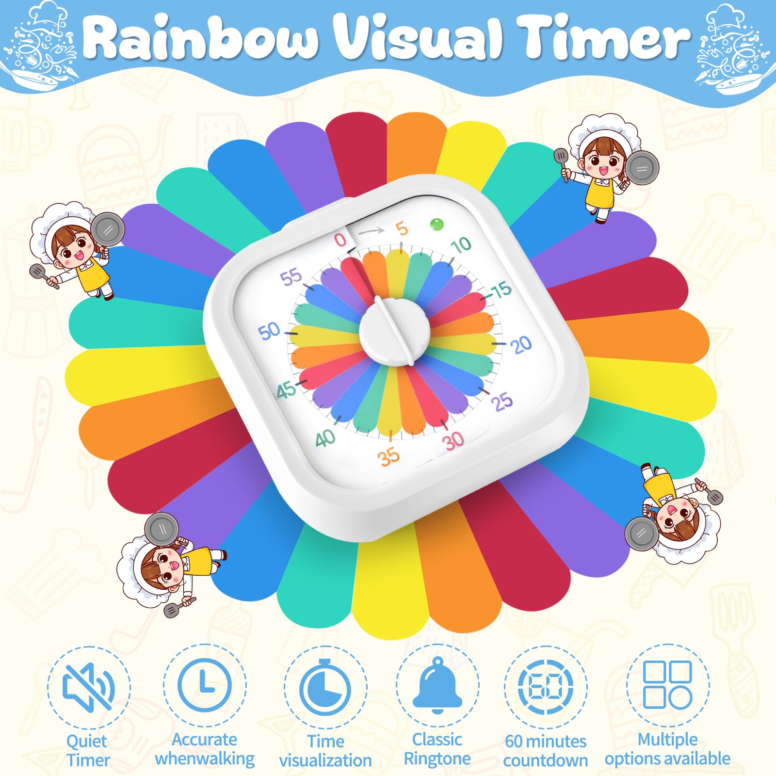 Time Timer tęczowy, wizualny timer dla dzieci i dorosłych, bezgłośna praca z opcjonalnym alarmem, do nauki w klasie, kuchni, biura domowego, narzędzie do zarządzania czasem, kolor biały