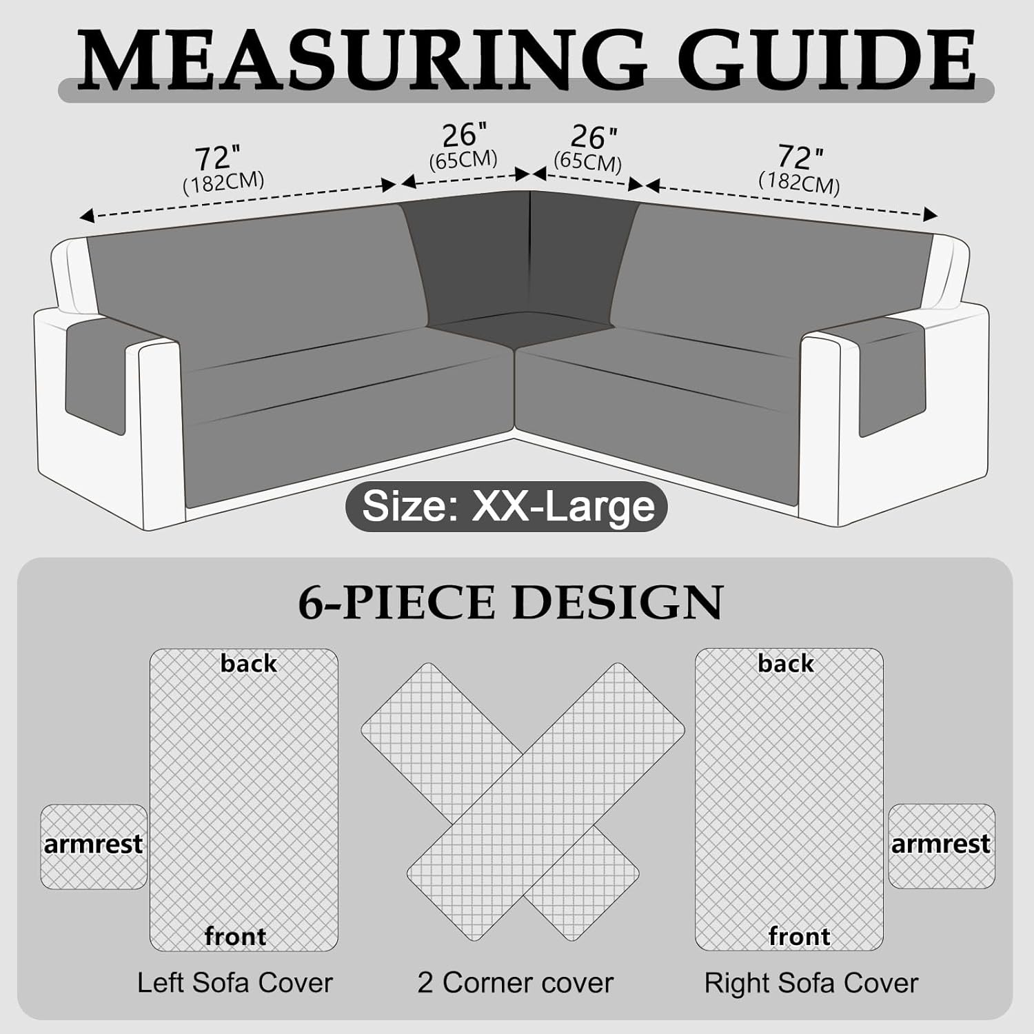 HDCAXKJ Waterproof Sectional Couch Cover L Shaped Sofa Covers Washable Corner Sectional Slipcovers Dog Pet Proof U Shape Furniture Protector with Upgraded Anti Slip Strips (XX-Large, Medium Gray)