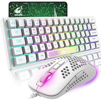60% Gaming Keyboard and Mouse,Rainbow LED Backlit Gaming Keyboard with Wired Mini Portable Ergonomic 2400 DPI Ultralight Gaming Honeycomb Shell Mouse,Mouse Pad for Windows PC Gamers(White)