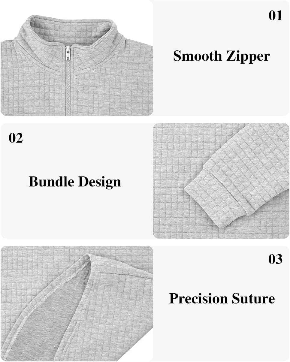 Mens Quarter Zip Pullover Quilted Sweatshirt Waffle Mock Neck Casual Long Sleeve Polo Sweater - Image 6