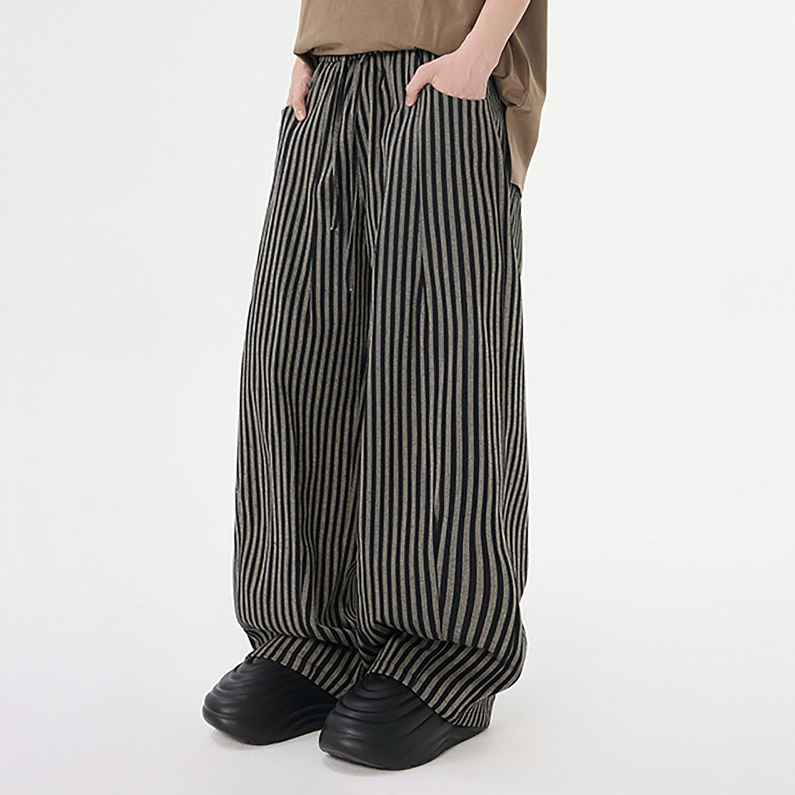 Generisch Pantaloni estivi da uomo con motivo a righe e stile casual, pantaloni larghi con gamba dritta e gamba larga