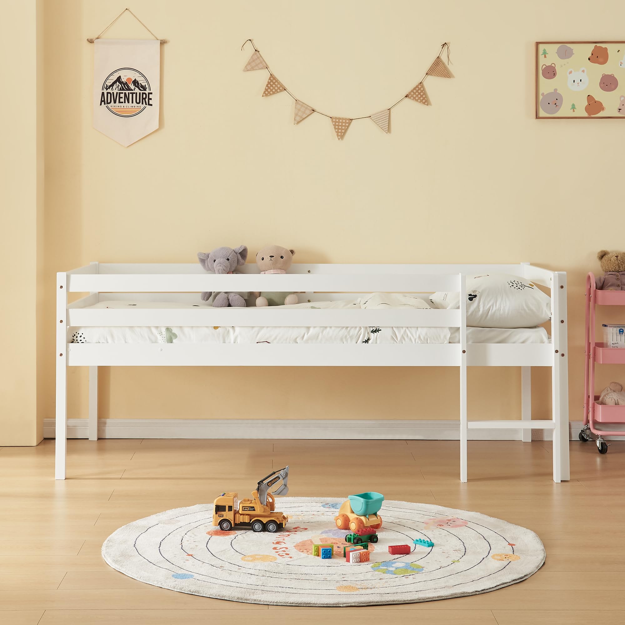 [en.casa] Lit Enfant Surélevé avec Barrière de Sécurité Lit Mezzanine avec Sommier à Lattes et Échelle Lit Simple Style Intemporel Bois de Pin Contreplaqué 90 x 200 cm Blanc