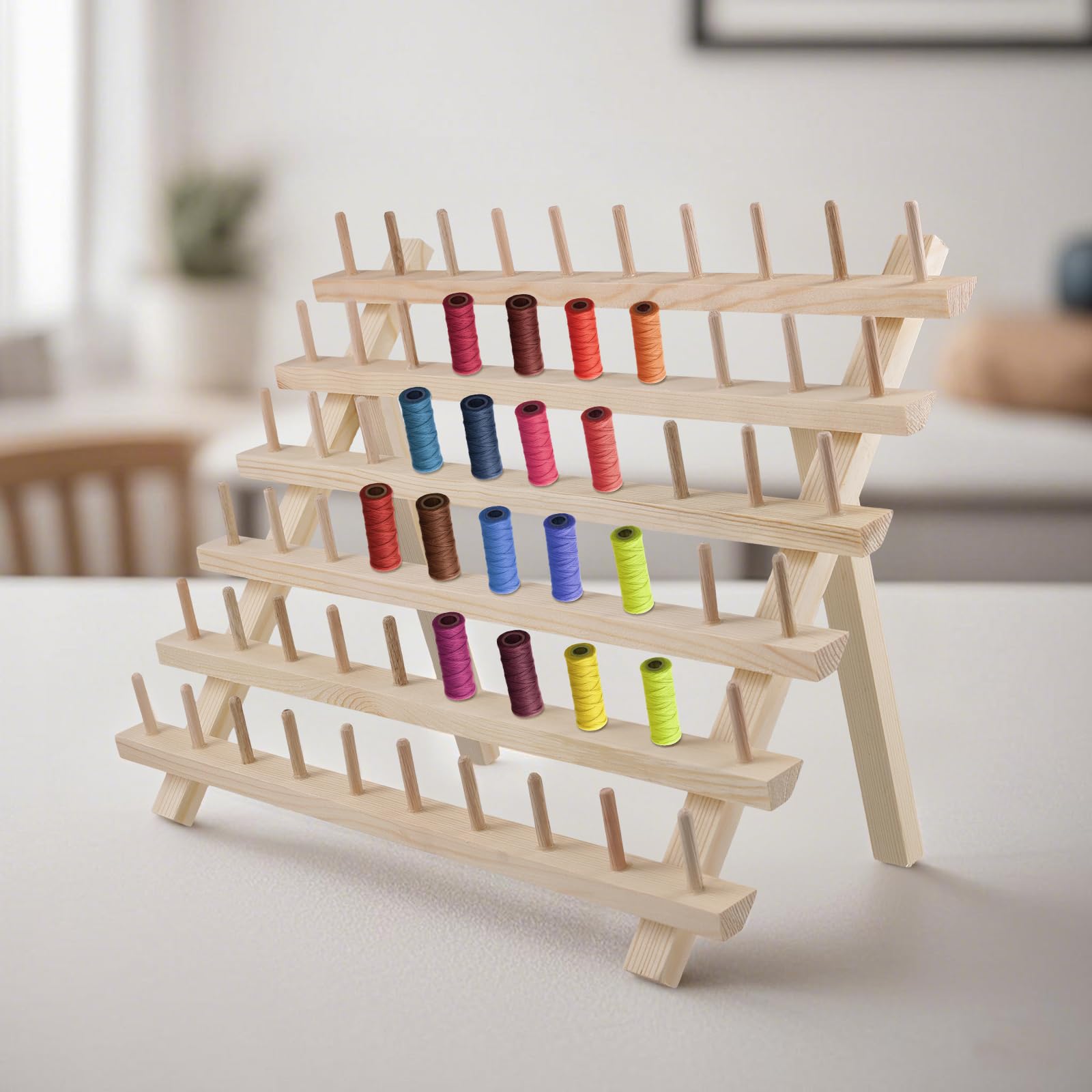 FUNSUEI Juego de 2 Soportes de Madera para Carretes de Hilo, 60 Bobinas con Ganchos, Organizadores para Almacenamiento de Bordados, Costura y Hacer Colchas