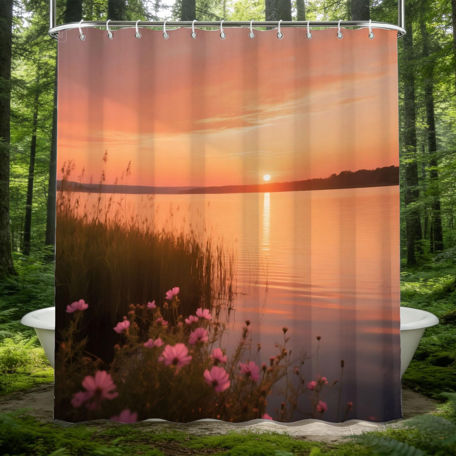 Rideau de douche anti moisissure paysage lacustre 180x180 en polyester imperméable