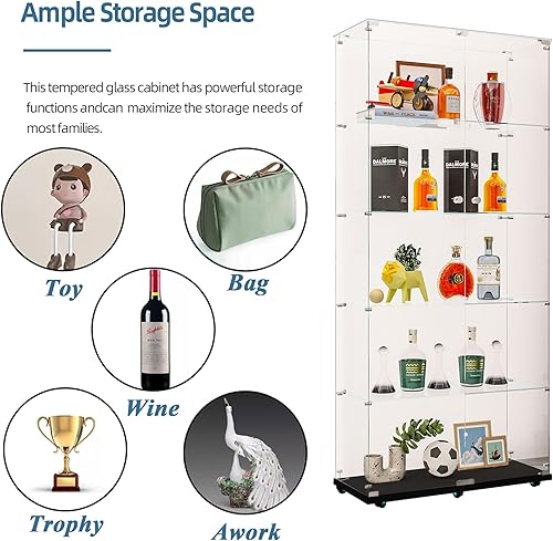 Miniatura 187 de Vitrina de cristal con 4 estantes con tira de luces LED y cerradura, vitrina de vitrina con ruedas y 1 puerta, vitrina de vidrio templado para sala