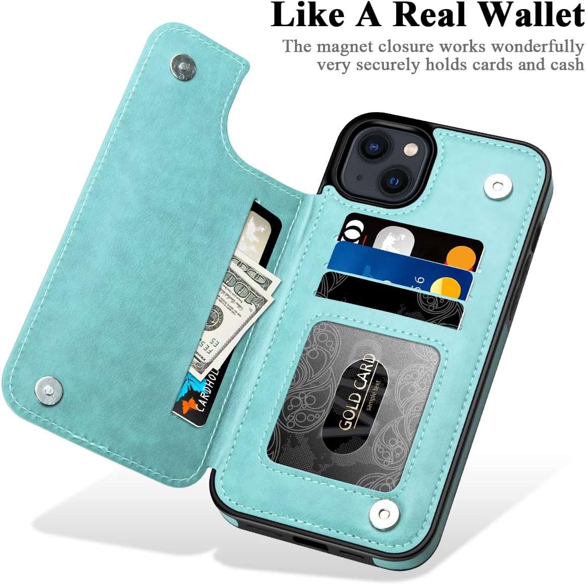 MMHUO for iPhone 14 Plus Case with Card Holder,Flower Magnetic Buttons Protective Wallet Case for Women for iPhone 14 Plus,Mint - Image 2