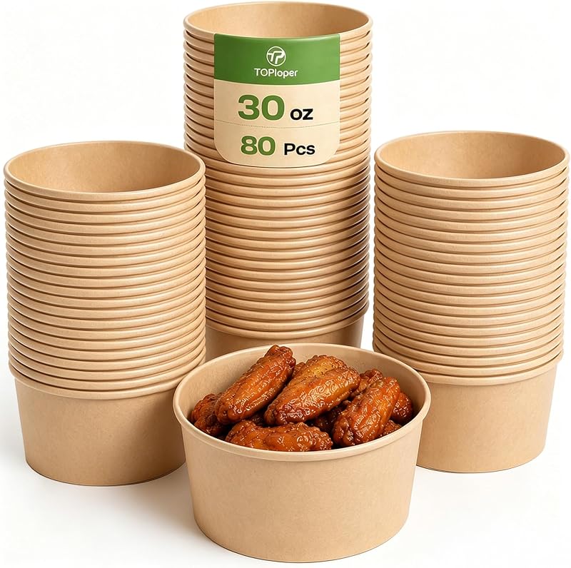 TOPtoper 80 Pcs 30 Oz【WITHOUT LIDS】 Large Paper Bowls Disposable Soup Bowls Bulk Plastic Free Party Supplies for Hot/Cold Food, Soup (30 OZ)