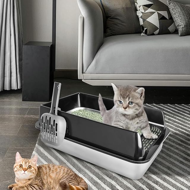 Foto 7 de 8 de Caja de Arena para Gatos, Arenero Alto de Acero Inoxidable, Caja de Arena para Gato, Bandeja Recogida