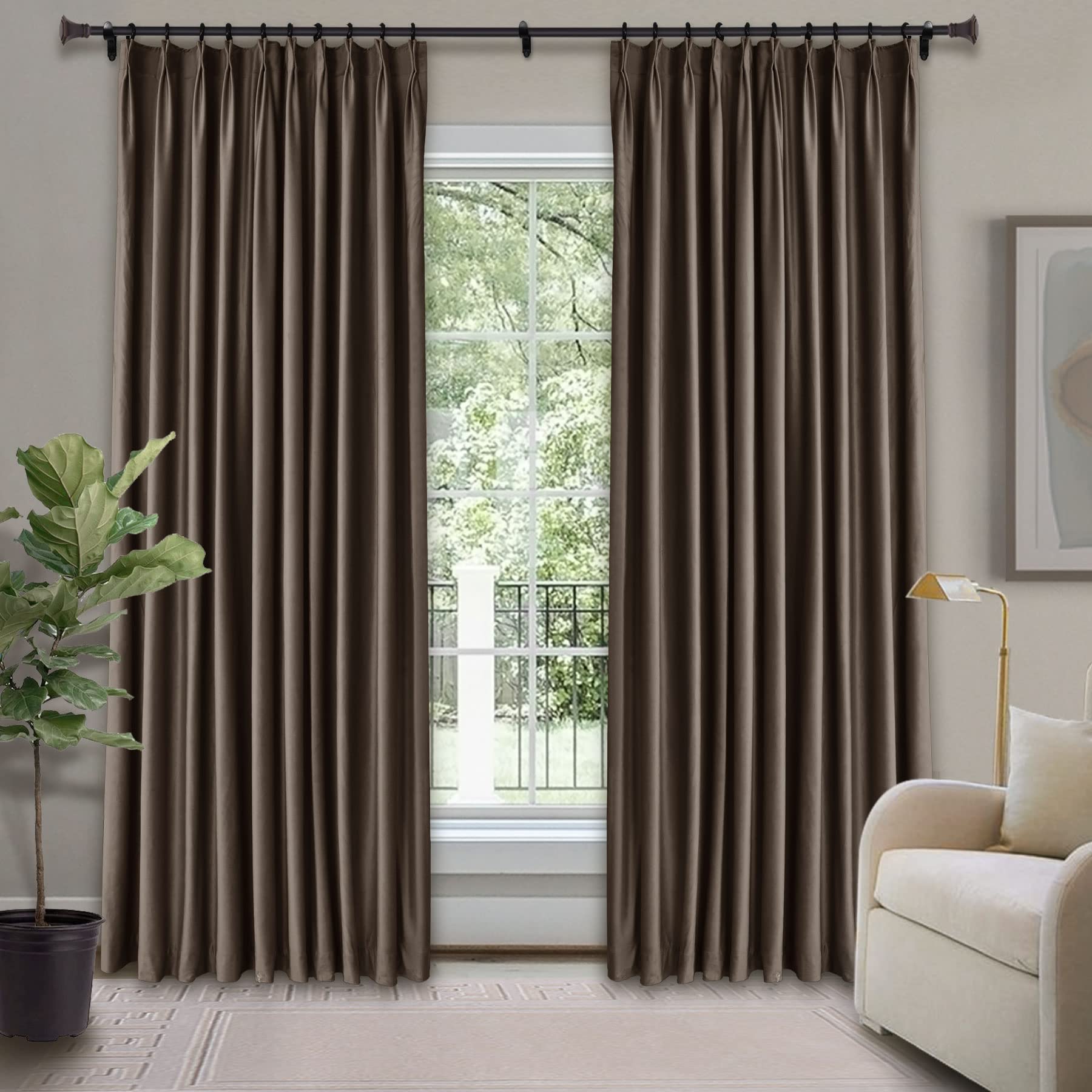 Frelement Room Darkening Curtains for Living Room Velvet Solid Curtain Pinch Pleat Window Curtain for Bedroom Privacy Panels Drapes Thermal Window Drape, 84" W x 102" L, 1 Panel, Pinecone