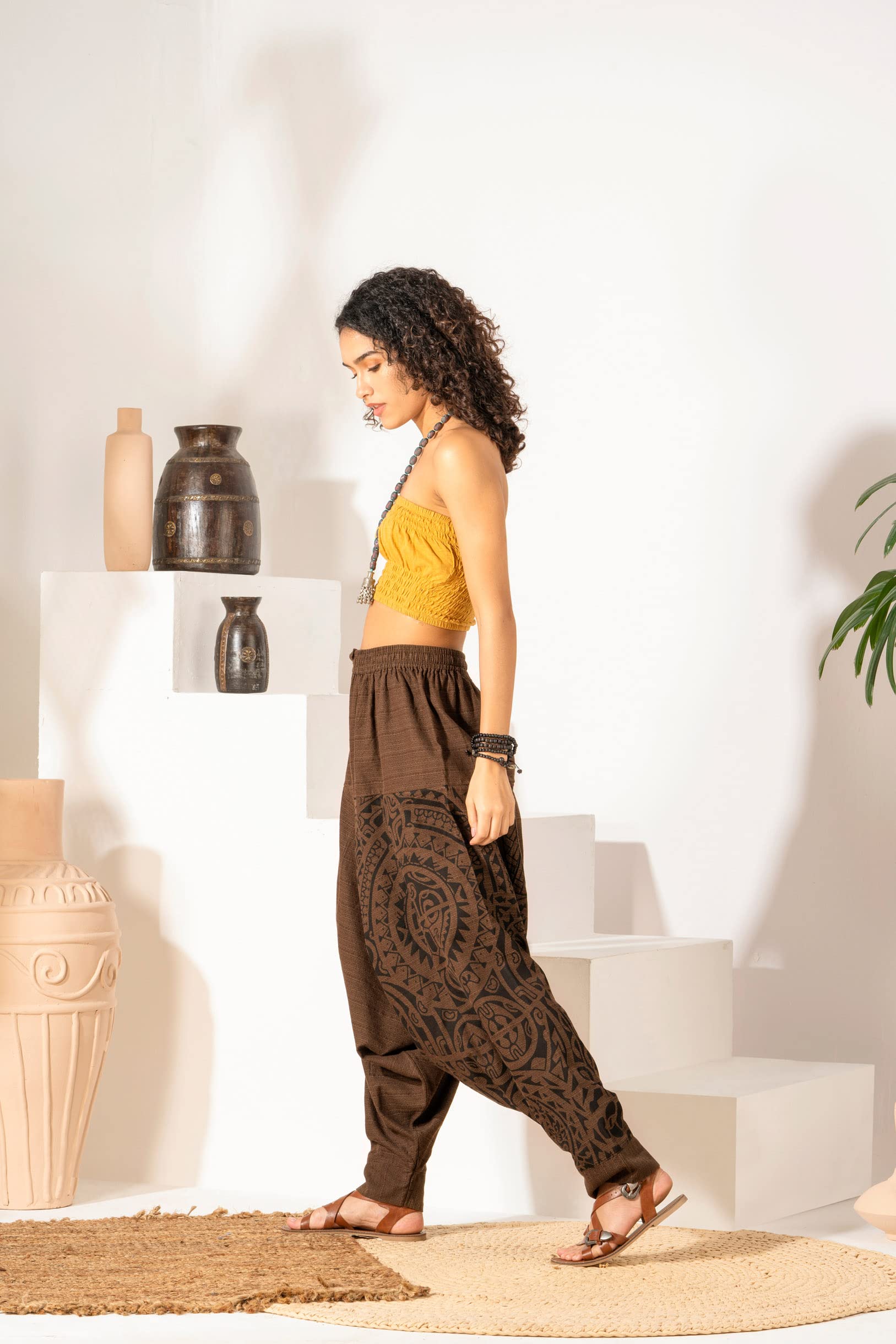 The Veshti Company Damskie spodnie haremki z nadrukiem - boho joga luźne spodnie z elastyczną talią i sznurkiem, spodnie hipisowskie