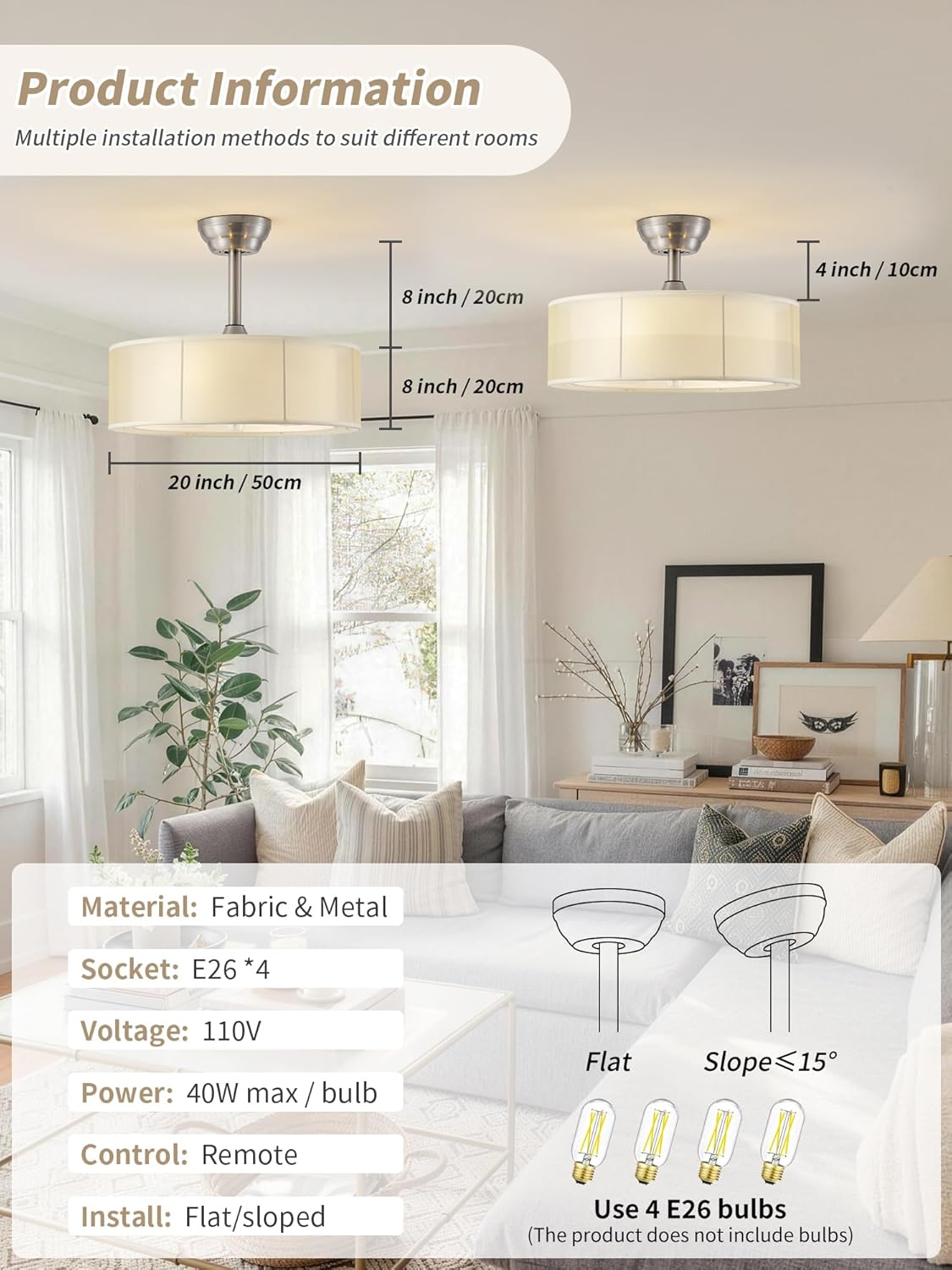 20" caged fandelier ceiling fans with lights, yellow mid century boho chandelier ceiling fan with light remote control with 6 speeds for bedroom, living room, nursery