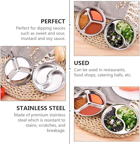 Miniatura 9 de 4 platos de salsa de soja de acero inoxidable divididos, platos coreanos de 2 compartimentos, bandeja de condimentos para condimentos para barbacoa,
