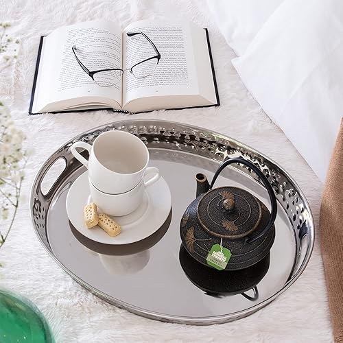 Miniatura 3 de Monarch Abode 40104 Bandeja decorativa de metal martillado a mano, bandeja otomana ovalada para cocina, baño, organizador de encimera, 17 pulgadas,