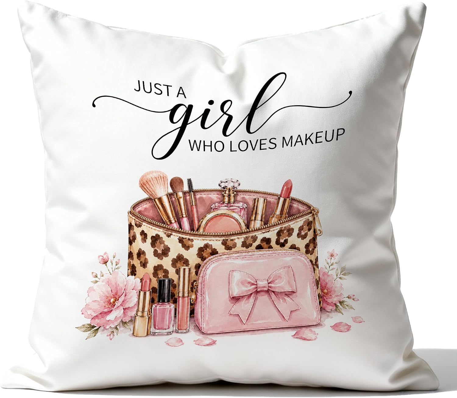 Coquette Pink Bow Leopard Makeup Pillow Cover 18x18 Double-Sided