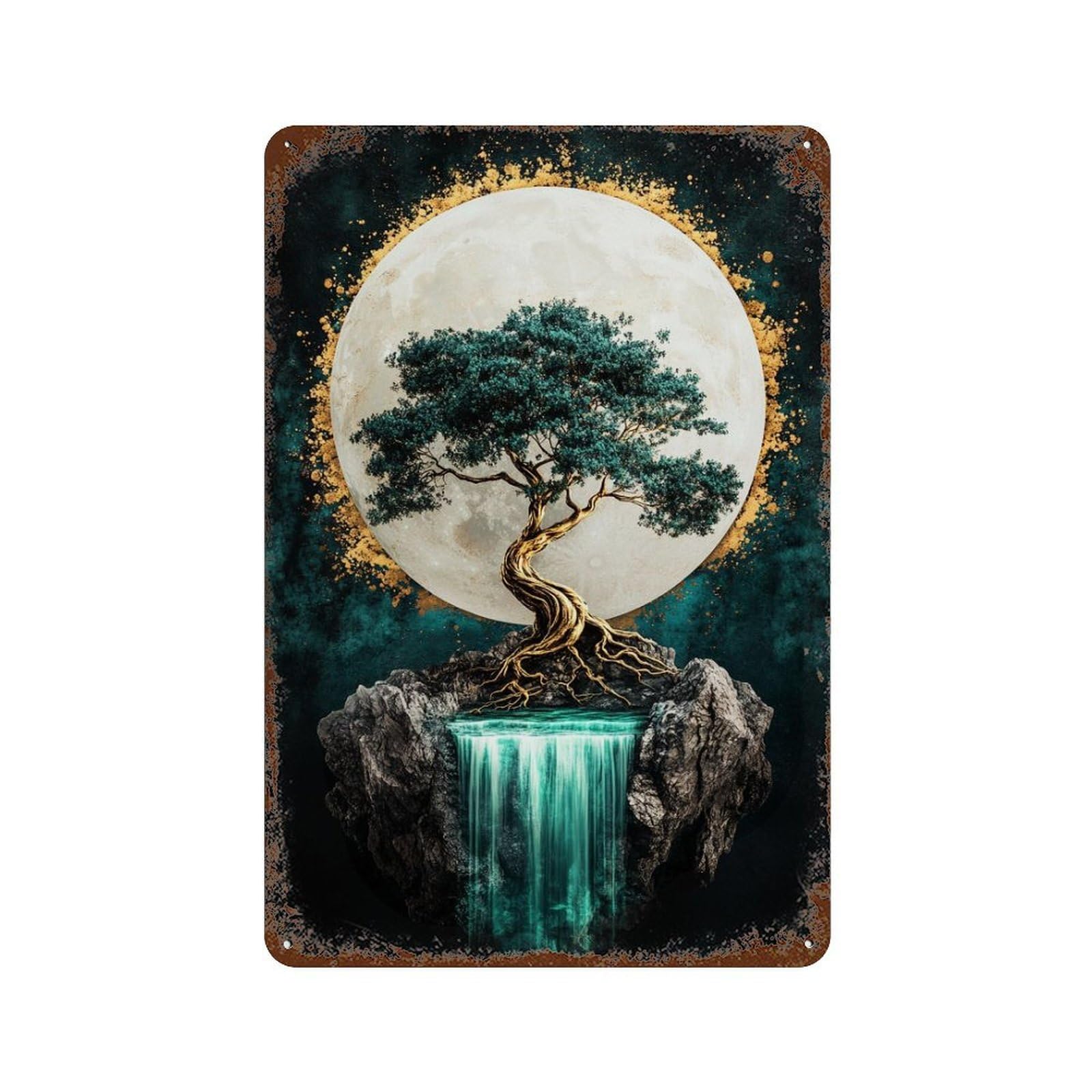 Full Moon Serenity Tree Art Print Decorative Tin Sign 11.8"x7.9", Rustic Home Decor for Cafe, Home Bar And Lounge Decor