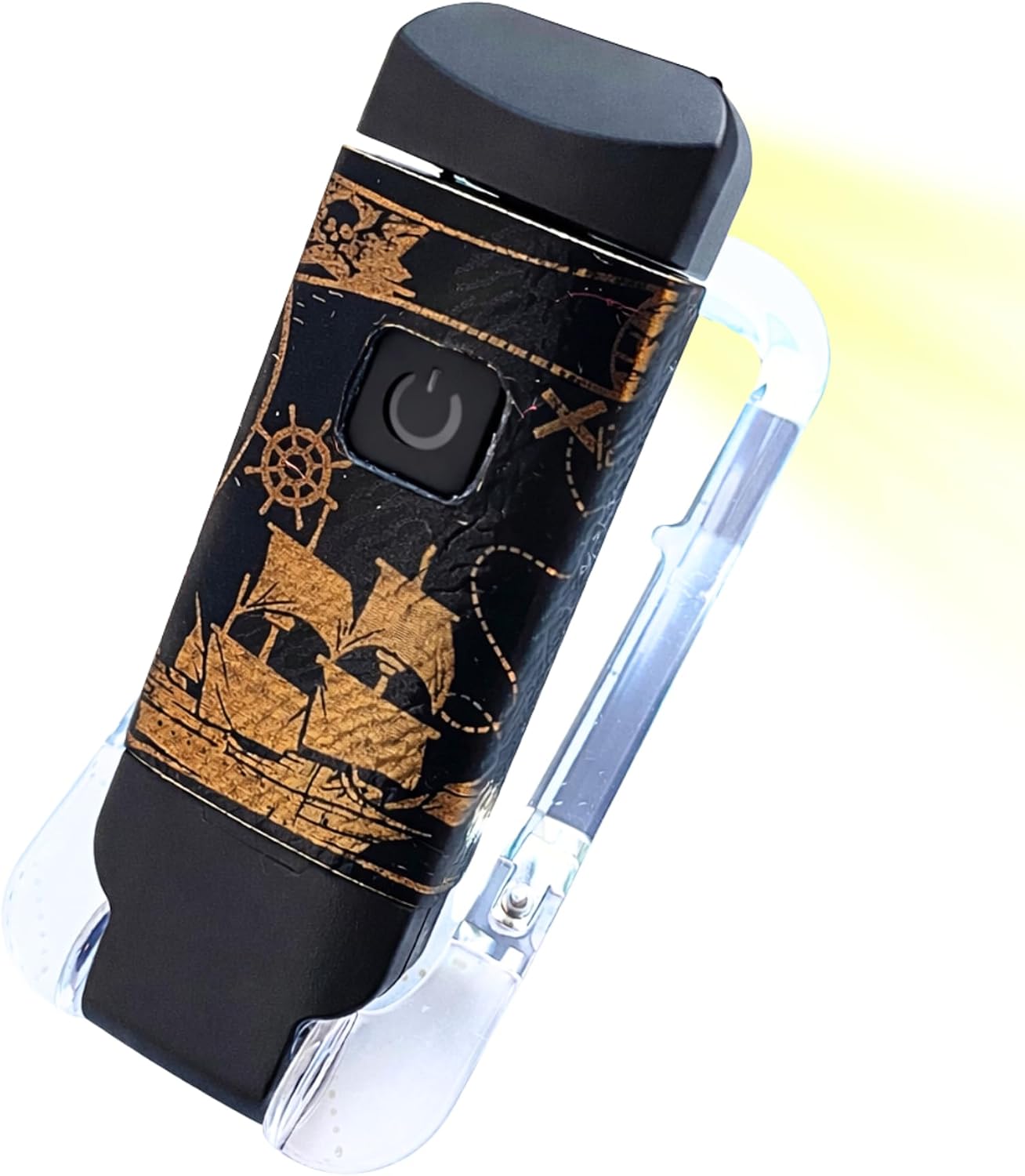 USB Rechargeable Reading Light with Clip-On, Pirate Theme Faux Leather Design, 3 Light Modes, Personalized Book Light (Black/Gold (no Name))