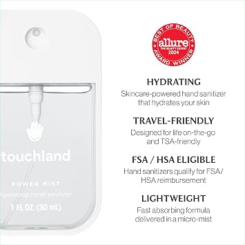 Touchland DELICATE DREAMS SET, Power Mist Hydrating Hand Sanitizer Spray, (Rainwater, Unscented, Beach Coco) 1 FL. OZ. + Peachy Lychee Body & Hair Fragrance Mist, 2 FL. OZ., Travel Size Set