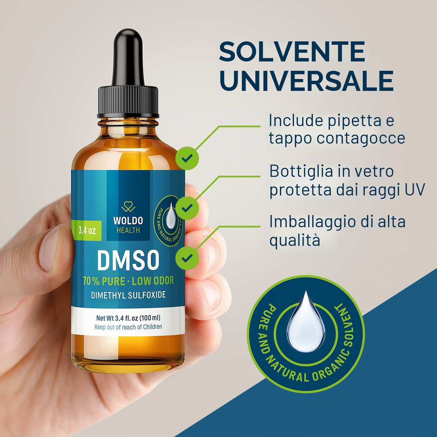 DMSO 70% con acqua demineralizzata 30% - Dimetilsolfossido qualità farmaceutica 100 ml con pipetta e tappo contagocce
