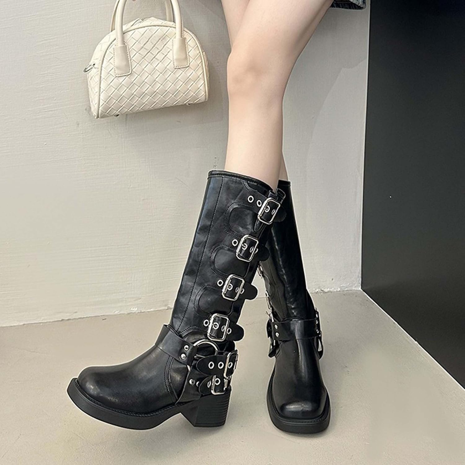 Women's Black Boots Knee High Fashionable Metal Buckle Retro Leather Long Tube Western Cowboy Knight Motorcycle Combat Fashion Boots,Black, Brown