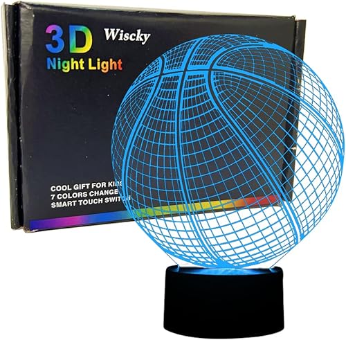 Wiscky Luz de noche con ilusión 3D de baloncesto, luces LED nocturnas para regalo de cumpleaños de niños, 7 colores cambiantes, interruptor táctil,