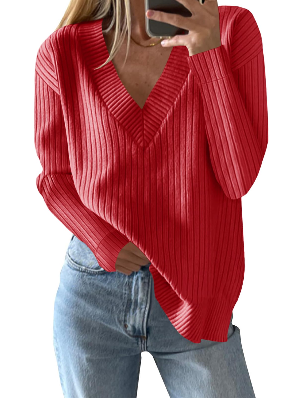 Saodimallsu Womens V Neck Sweater 2025 Fall Oversized Ribbed Knit Trendy Slit Casual Loose Fit Long Sleeve Pullover