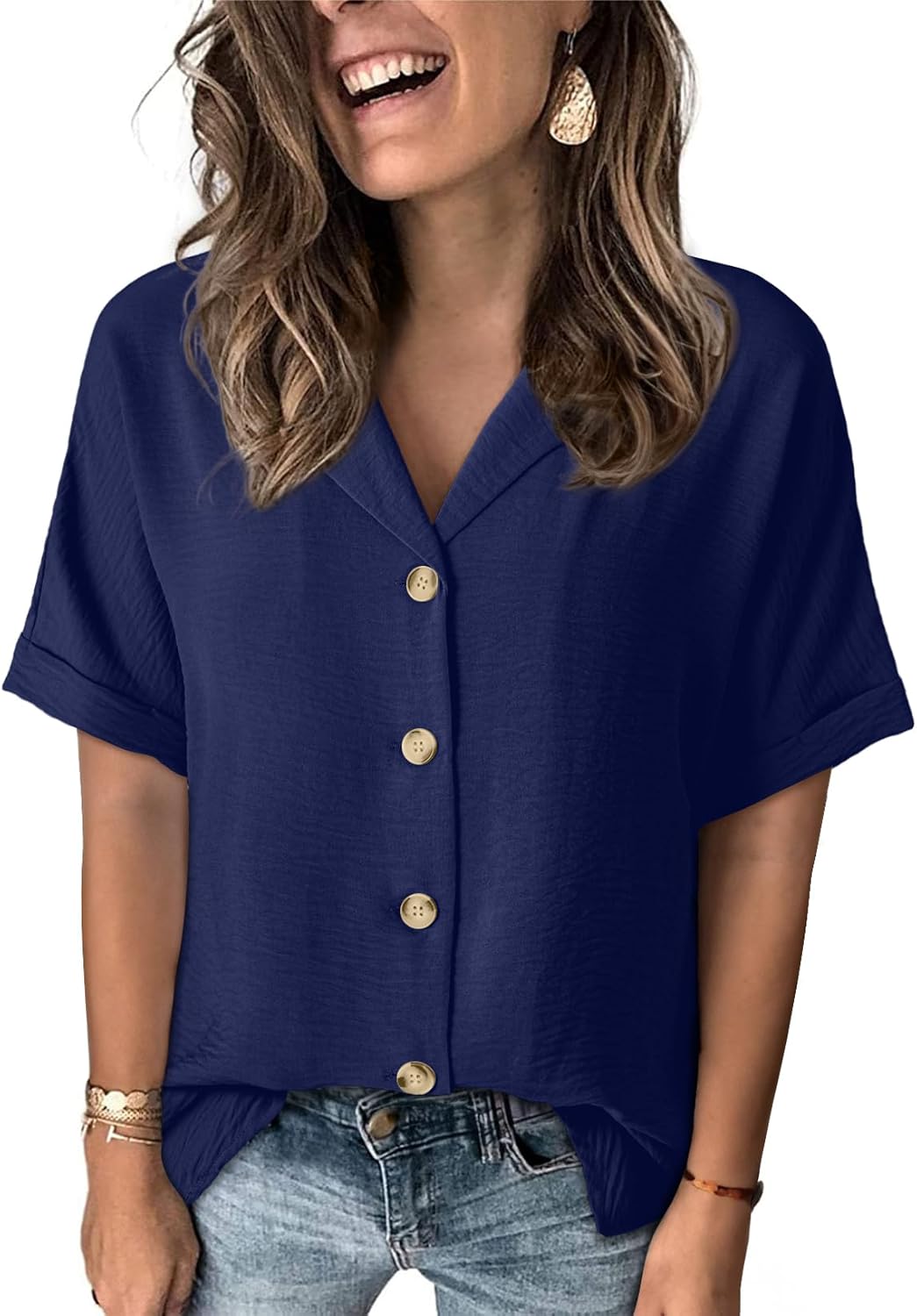 Dokotoo Women's Dressy Casual V Neck Short Sleeve Button Down Shirts Relaxed Work Business Loose Blouses Tops