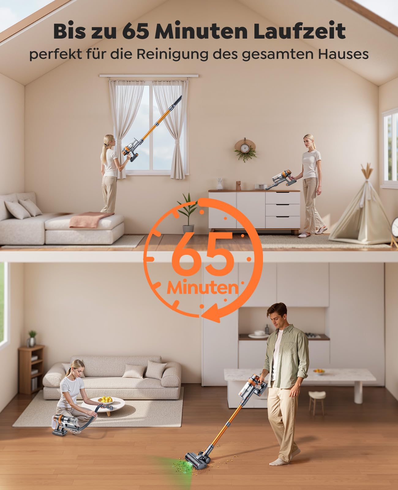 SMOTURE Akku Staubsauger Kabellos mit 1M Schlauch,50kPa/600W/65Min kabelloser Staubsauger mit Automatikmodus,Anti Haar Wrap,Ladestation,Ultraleise Akkustaubsauger für Hartböden Teppiche Tierhaare Auto