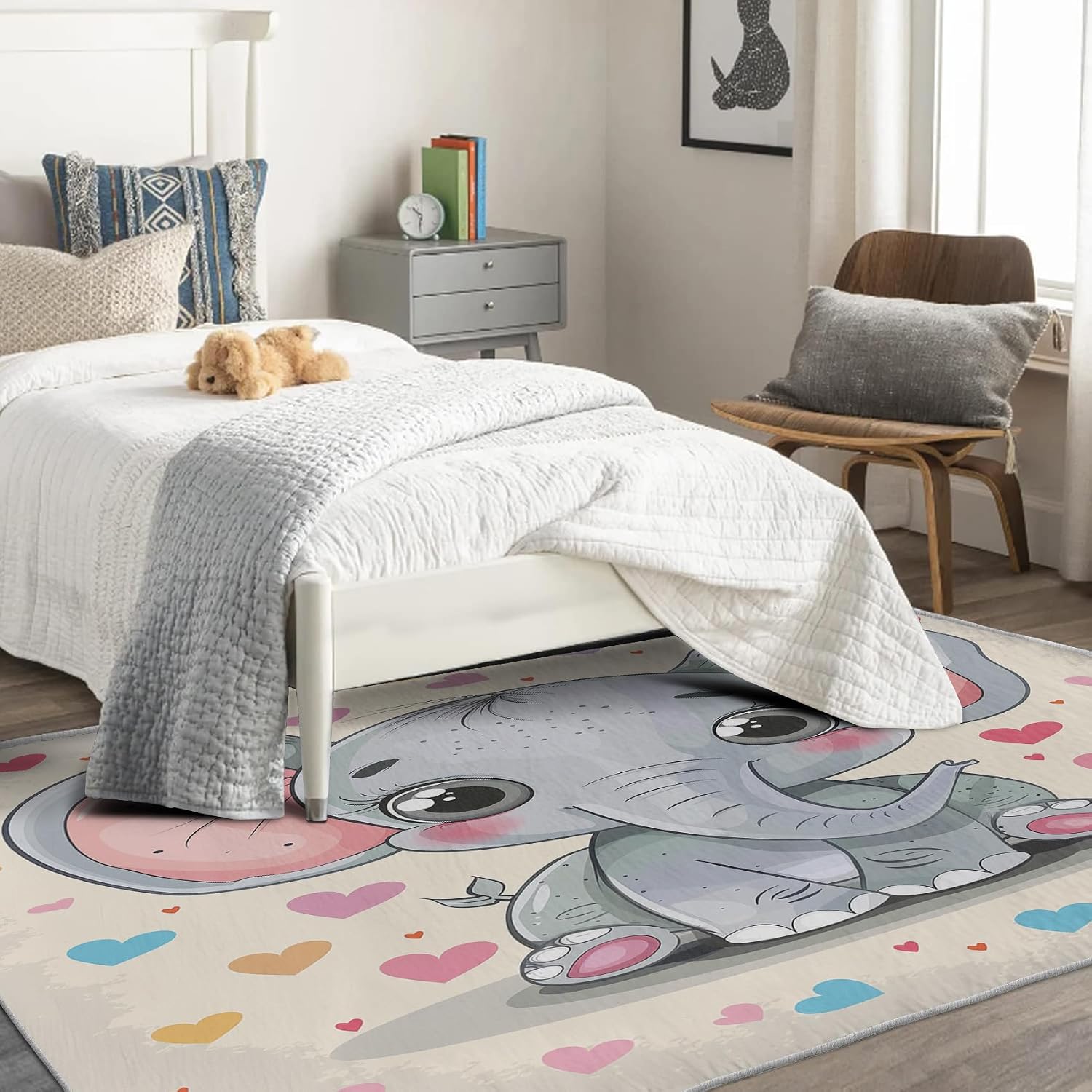 KidsCute Elephant Rug 7x9 for Girls Bedroom - Cartoon Animal Room Decor Large Area Rugs, Colorful Heart Carpet for Nursery Playroom Classroom, Soft Non Slip Washable Floor Rug