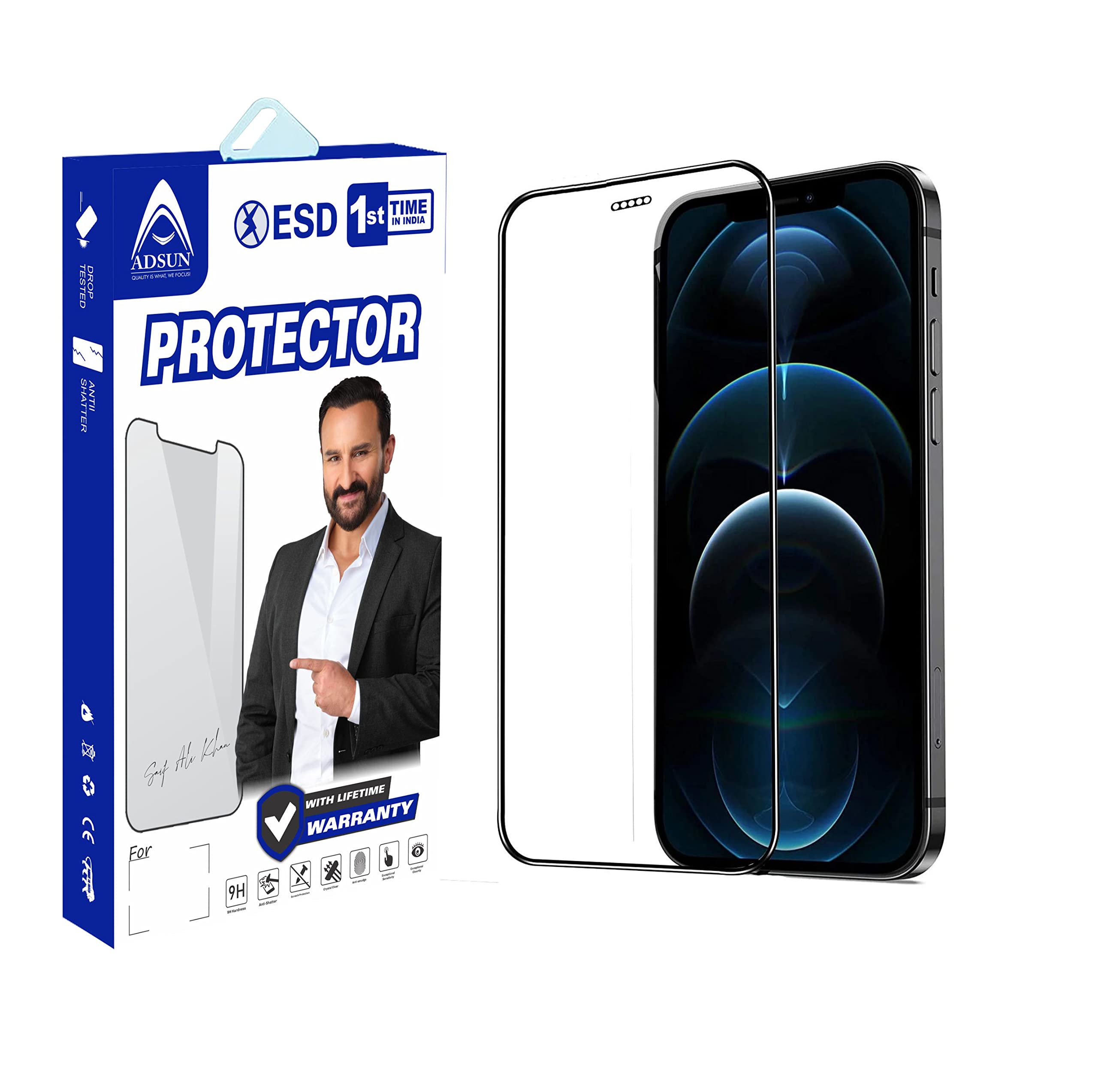 ADSUN ITG ESD Tempered Glass Screen Protector for iPhone with Life Time Warranty | Full Screen Edge to Edge Coverage