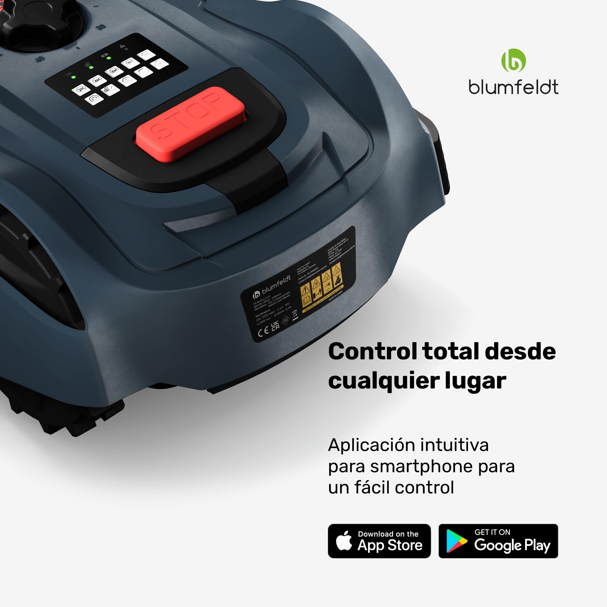 Blumfeldt Robot Cortacésped, 1000m2 - Control App, Batería Li-Ion, Carga Automática, Silencioso, Sensores de Lluvia & Colisión, Altura de Corte Ajustable, Jardines Grandes, Gris Oscuro