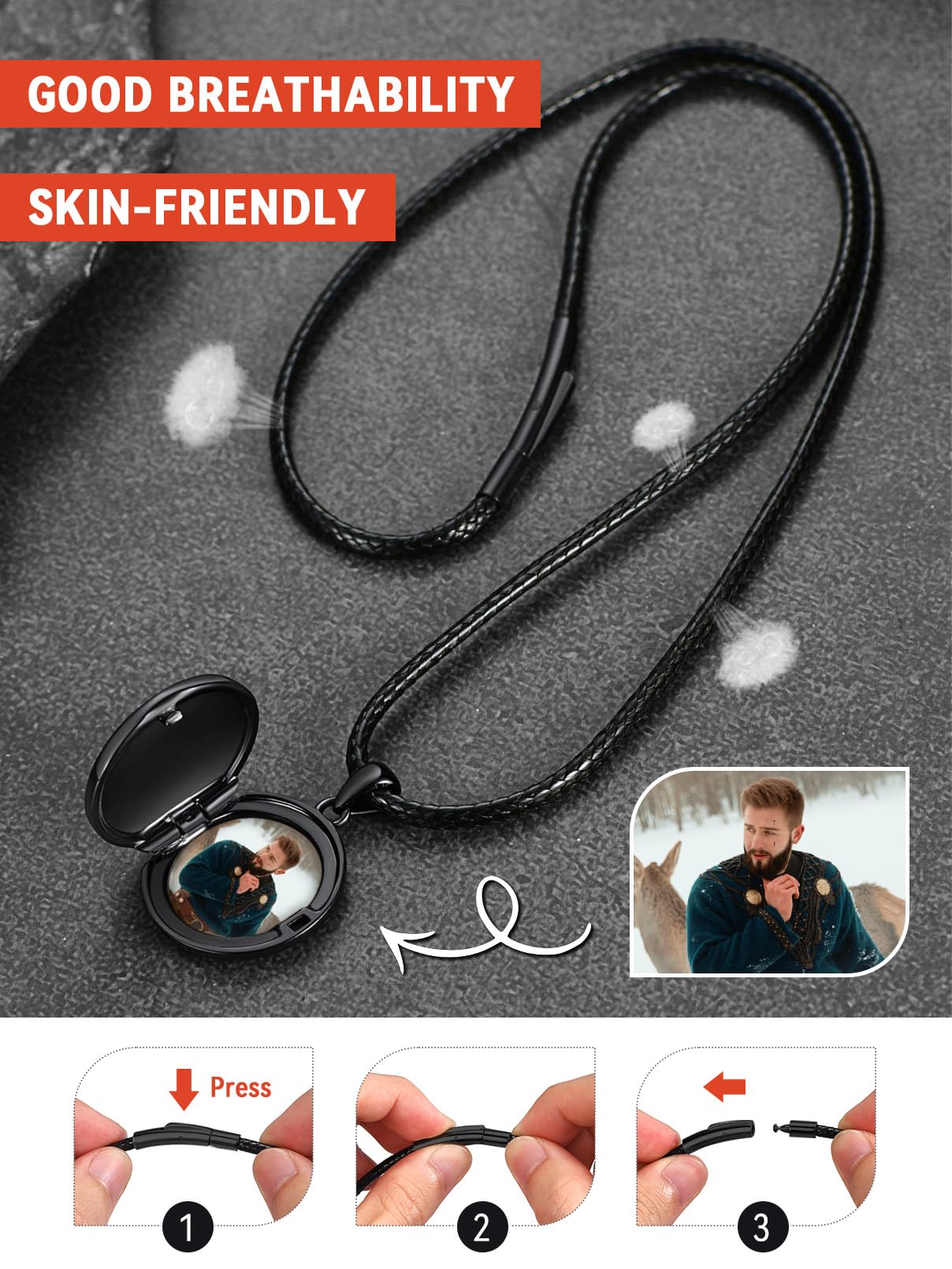 FaithHeart 925 Foto Anhänger für Damen Herren, Schwarz Medaillon mit Wikinger Vegvisir Symbol, Wikinger Amulett mit Bildanhänger für Geburtstag Weihnachten Halloween