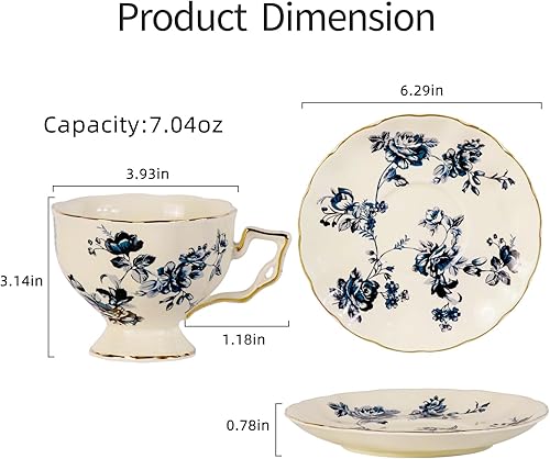 Miniatura 5 de KAMMAK Juego de 2 tazas de té y platillos de porcelana, tazas de café apilables de 6.8 onzas, Demitasse de cerámica para café, café con leche,