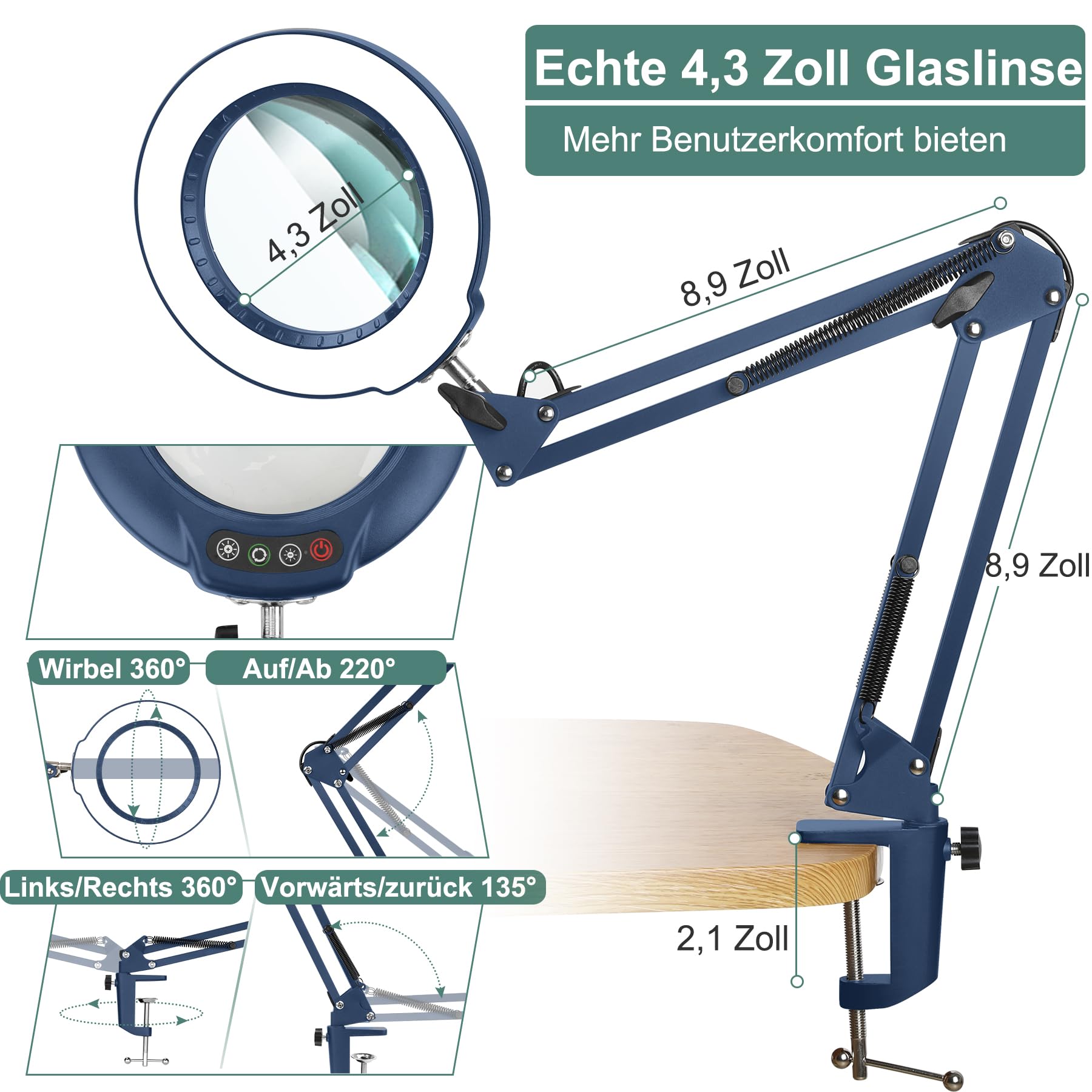 Veemagni Lupa de cristal auténtico con luz, 5 modos de color regulable sin niveles, brazo giratorio ajustable, lámpara de lupa iluminada LED con abrazadera, manos libres, lupa con luz y soporte para
