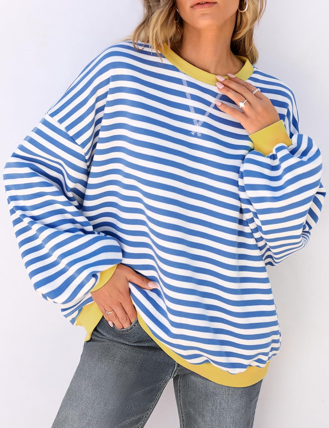 UEU Women Oversized Striped Crewneck Sweatshirt Long Sleeve Color Block Pullover Tops Casual Loose Workout Shirt - Image 2