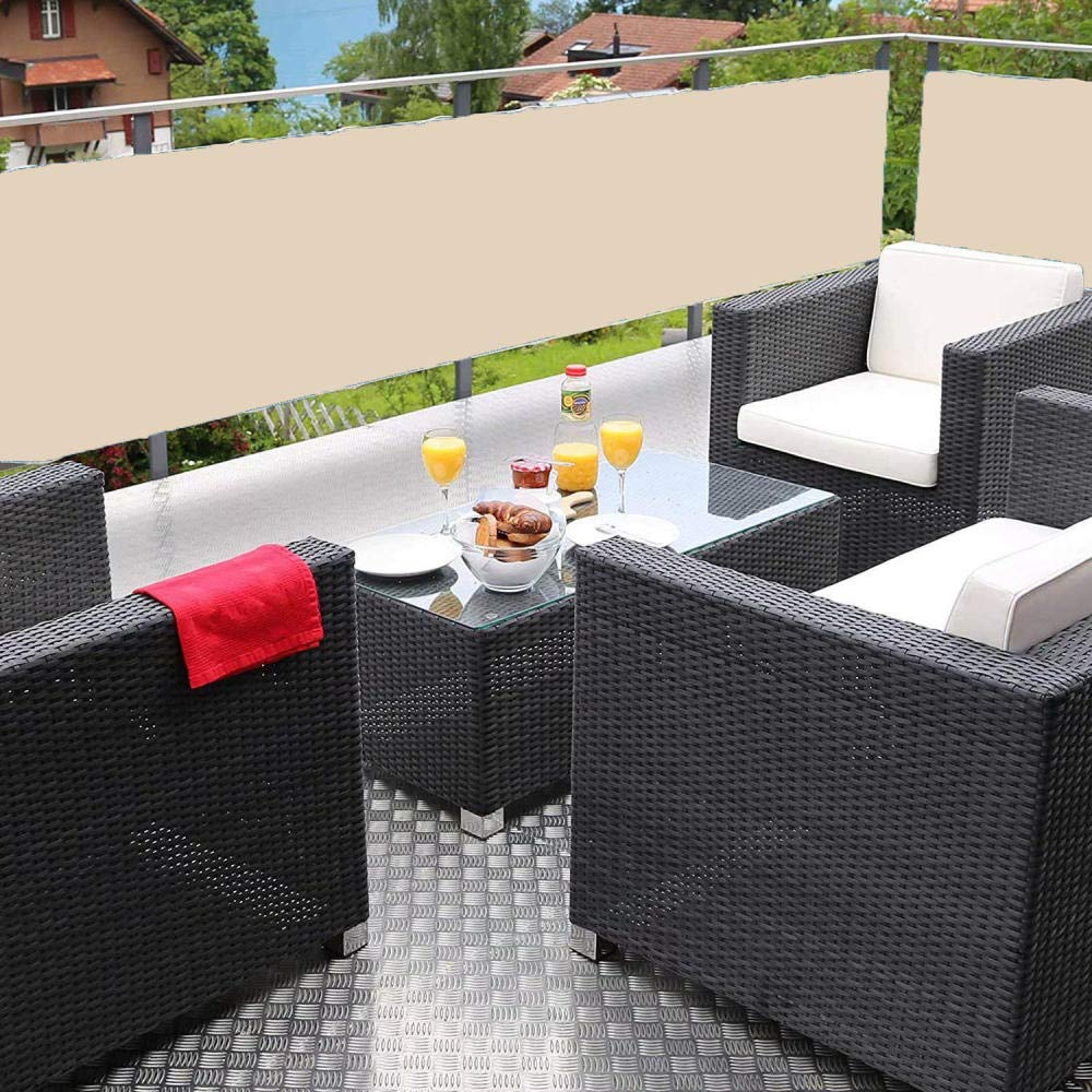 Balkonabdeckung 150x700cm Wetterbeständig Windschutz mit Kabelbinder und Kordel Ideal für Balkon Terrasse und Garten, Messme/Weiß Beige
