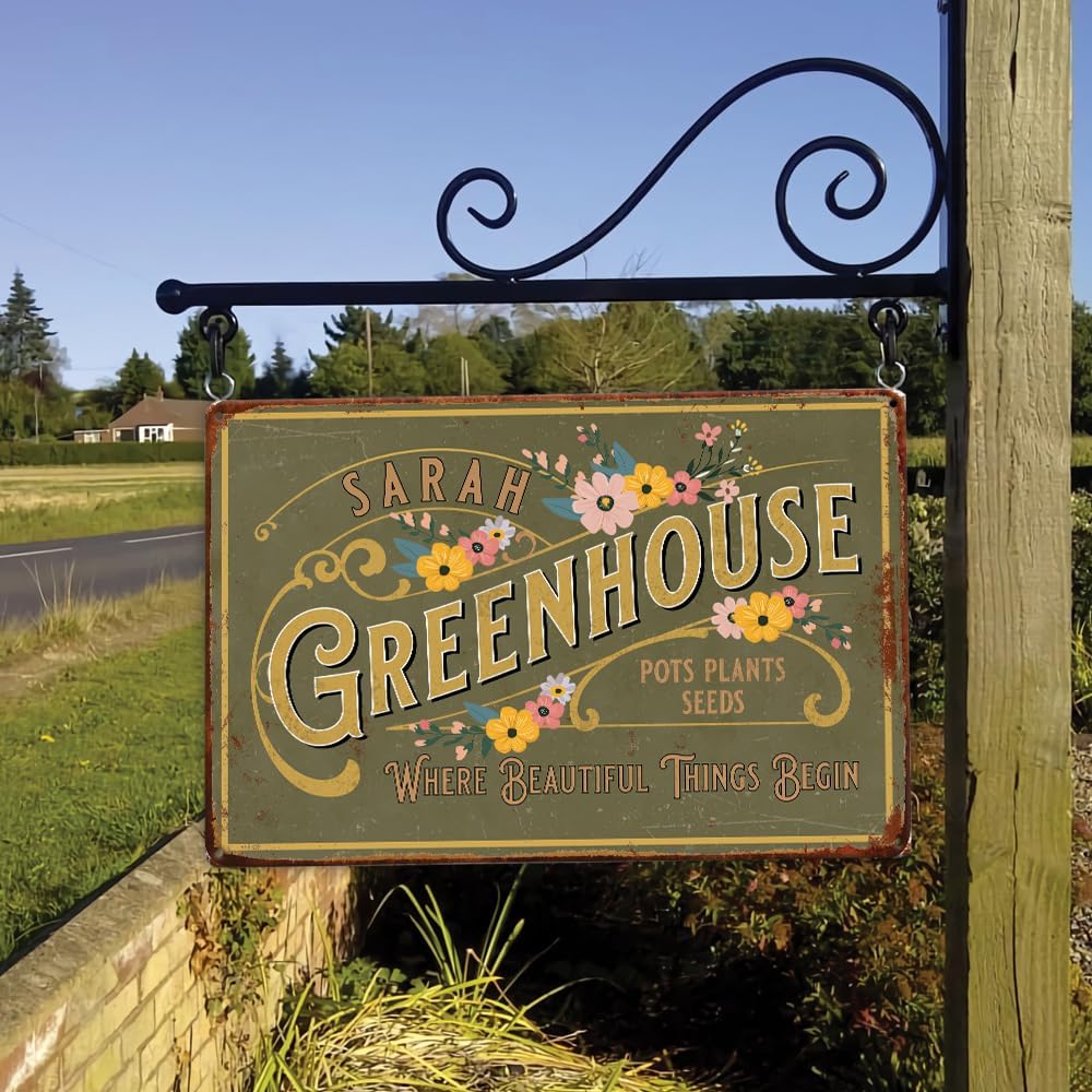 Personalized Greenhouse Metal Sign - Custom Name Potting Shed Vintage Retro Tin Sign, Girl Garden Decor Plaque, Gifts For Woman, Perfect for Home Garden Greenhouse Living Room Bedroom Outdoor Decor