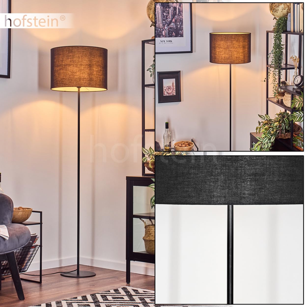 Stehleuchte Bassagoda, Stehlampe aus Metall/Stoff in Schwarz/Weiß, Leuchte im skandinavischen Design mit rundem Schirm (Ø 40 cm) u. Fußschalter, Höhe 158 cm, 1 x E27, ohne Leuchtmittel