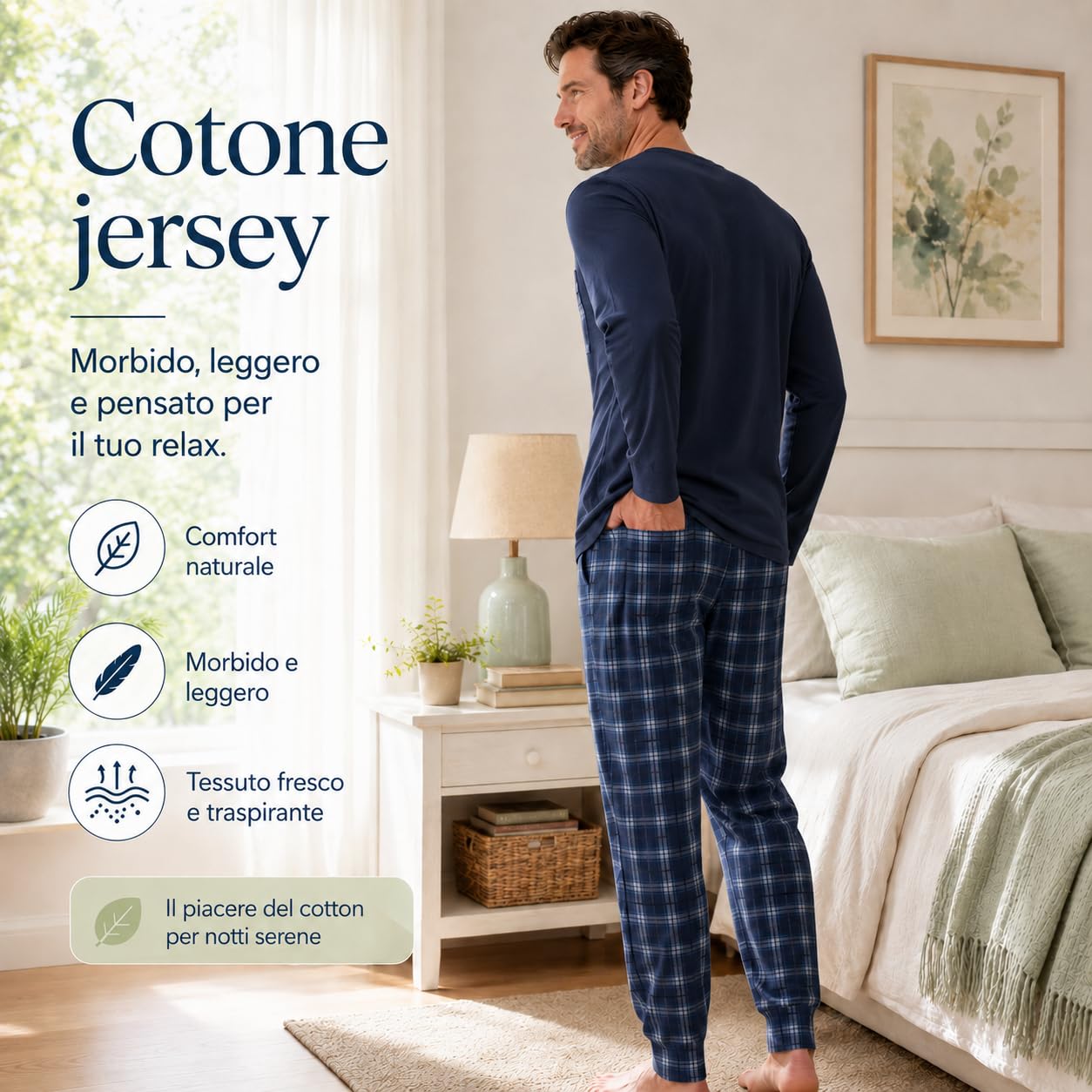 Leedya Pyjama long en coton jersey 100 % peigné - style et confort dans chaque détail - pyjama léger pour les nuits d'été - poignets sans stress