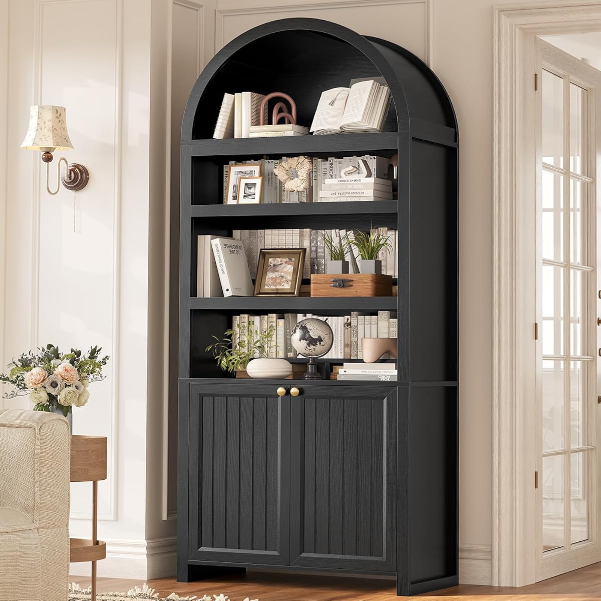 81" Tall Arched Cabinets,Bookcase with storage,Mid-Century Modern 6-Tier Bookshelf with Door,2 Book Risers and Adjustable Shelves offering more storage space for Living Room,Kitchen,Home Office,Black