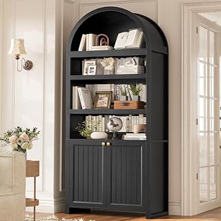81" Tall Mid-Century Modern Arched Bookcase with Doors, 6-Tier Adjustable Shelves, 2 Book Risers - Black Storage Cabinet for Living Room, Kitchen, Office
