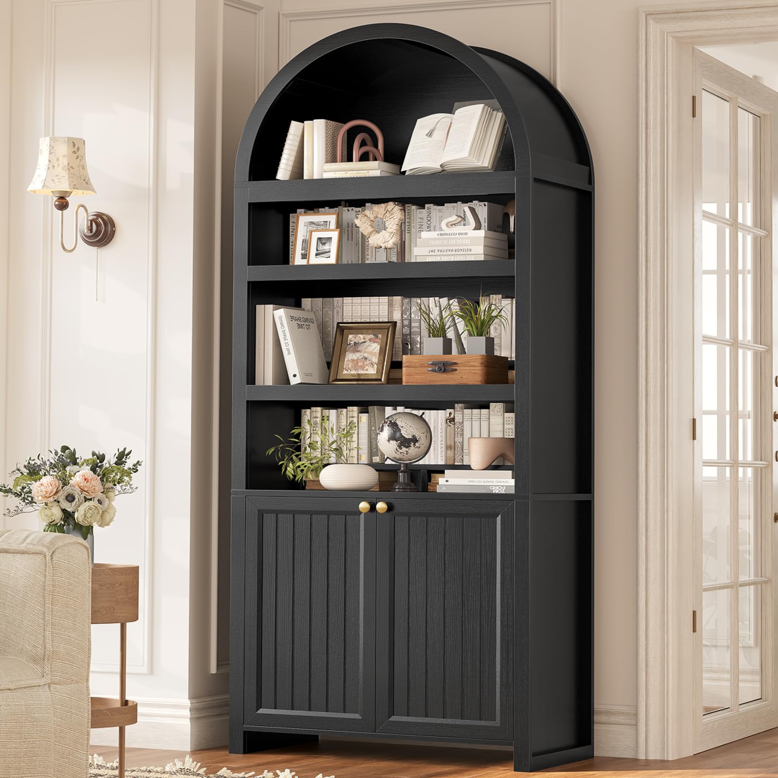 81" Tall Arched Mid-Century Modern Bookcase, Black