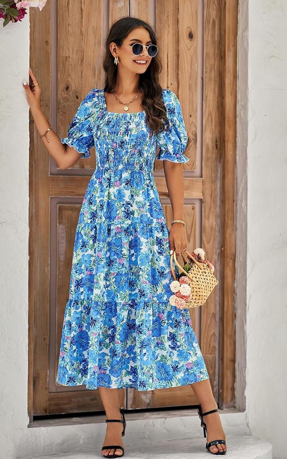 PRETTYGARDEN Women's Boho Floral Print Summer Dresses Square Neck Puff Sleeve A Line Long Dress Smocked Casual Maxi Dress - Image 6