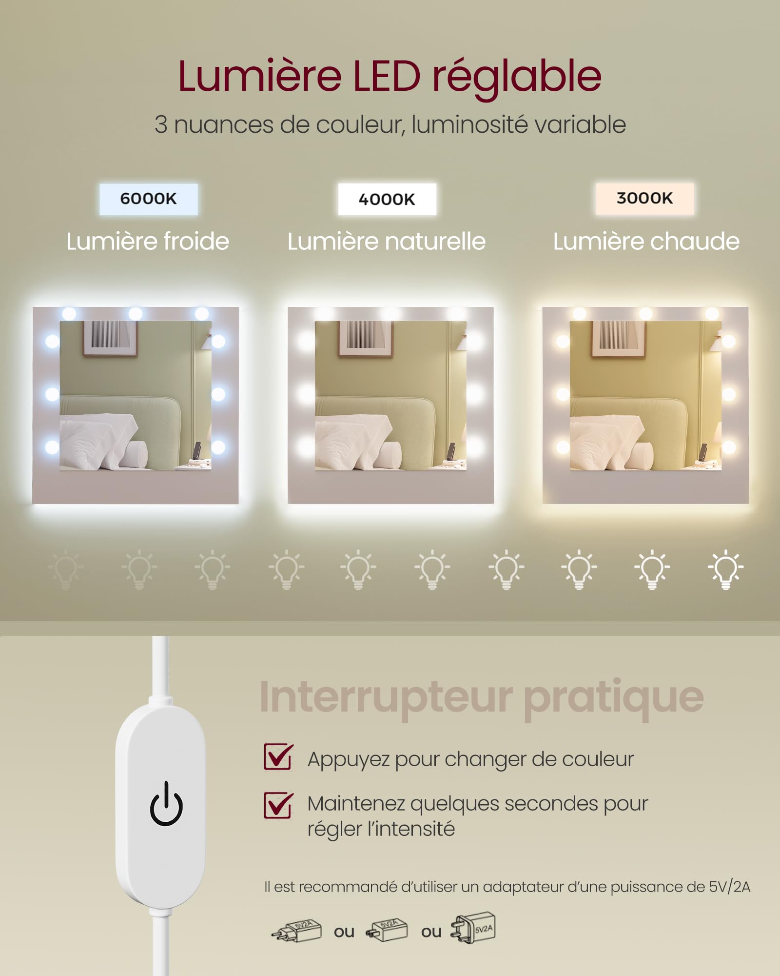 VASAGLE Kailyn Collection - Coiffeuse avec Miroir LED, Multiprise, 9 Tiroirs, 9 Ampoules, Rangement Bijoux, Éclairage 3 Couleurs, Installation des Rails sans Outils, Blanc Nuage RDT141WB02