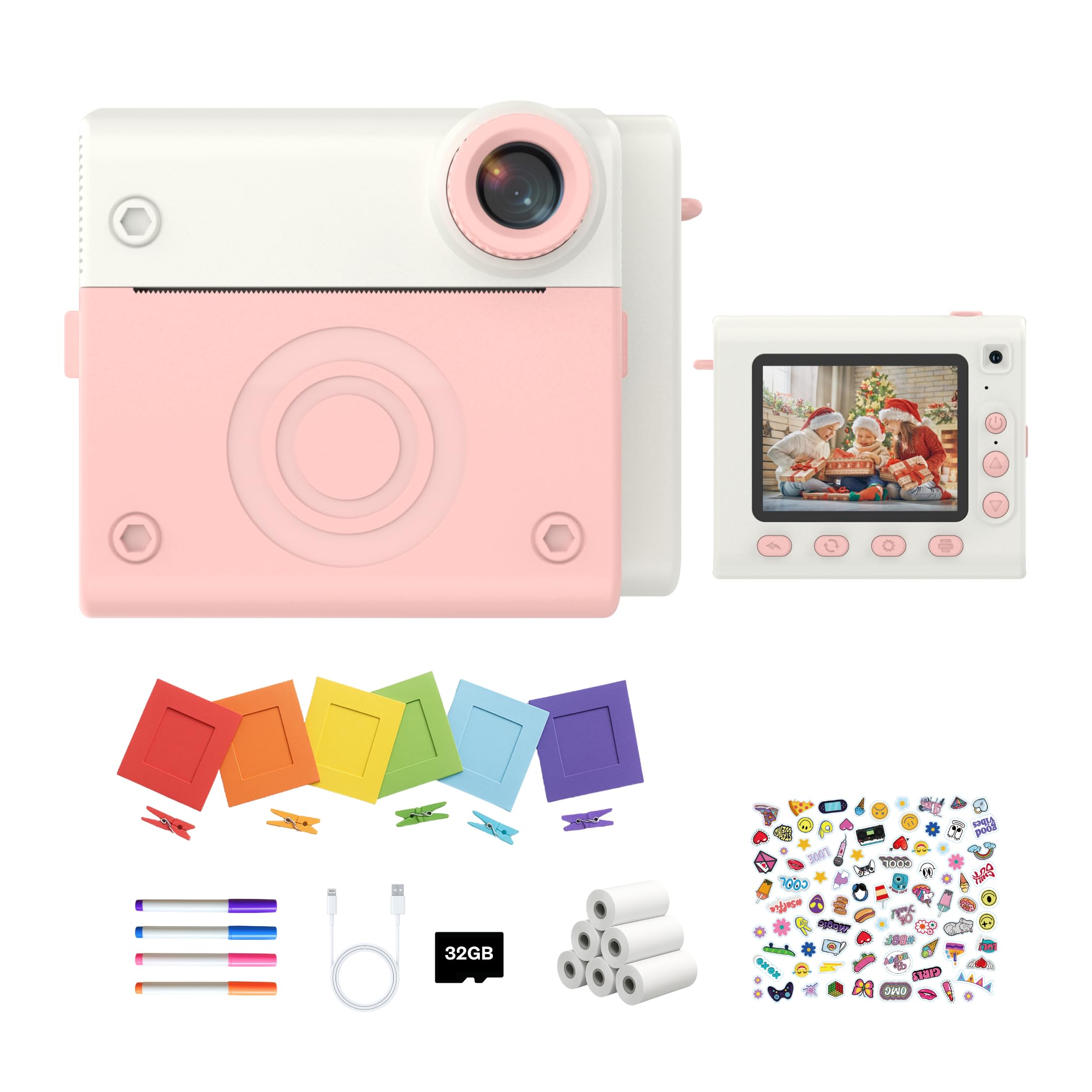 Appareil Photo Enfant, Appareil Photo Instantané, Écran Large avec Papier d'impression et Carte 32GB, Mode Video et Selfie, Jouet Cadeau pour Filles et Garçons Enfant de 3-14 Ans (Rose)