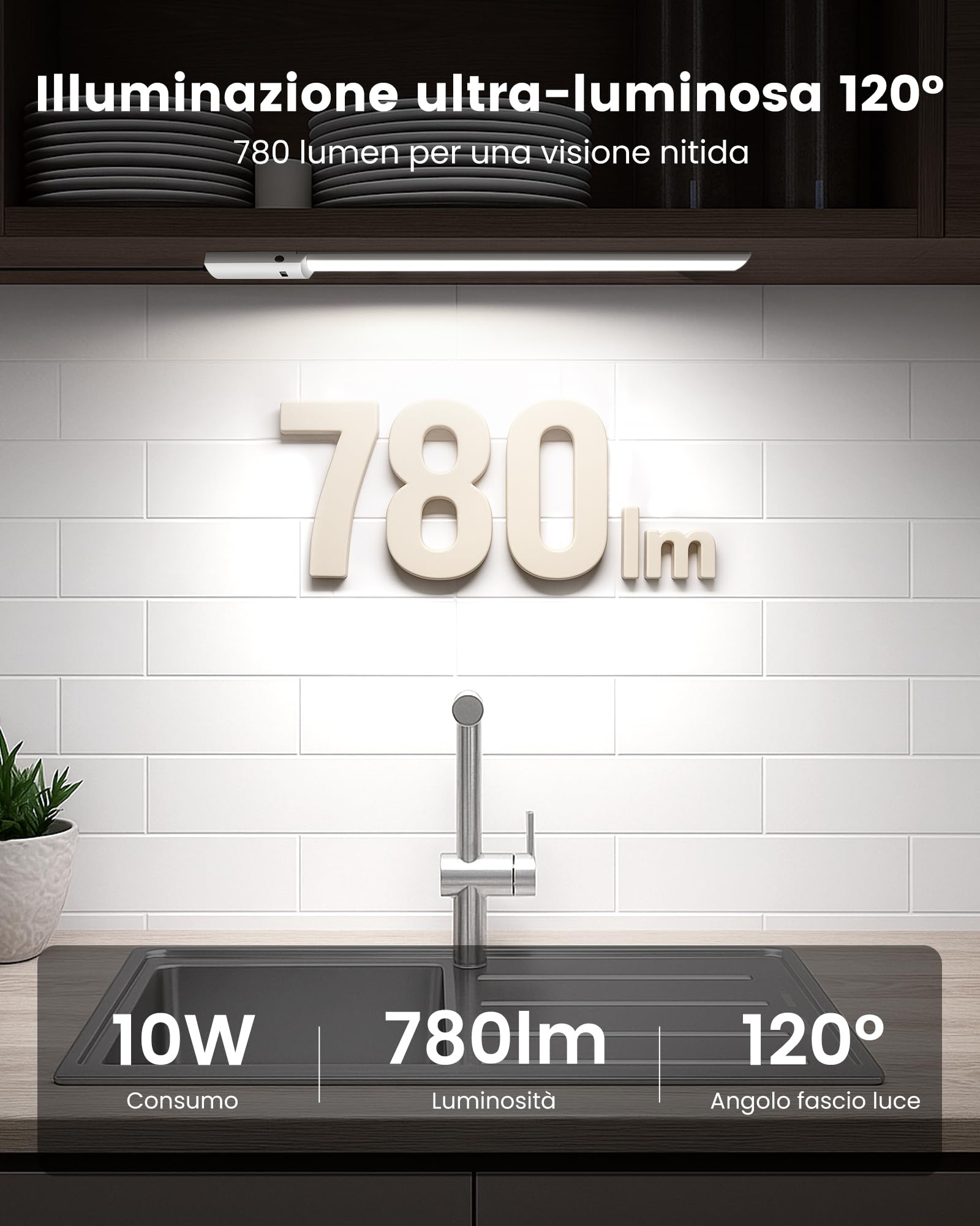 ALUSSO Luce per armadio da cucina LED dimmerabile, 60 cm, 10 W, 780 lm, 3 temperature di colore (3000/4000/6500 K) con sensore di movimento per armadio/guardaroba