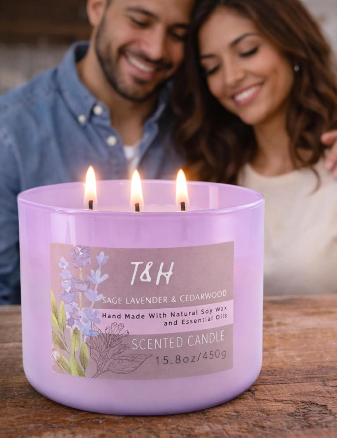 Large Sage Lavender Cedarwood Scented Candle for Home - 3 Wick Soy Candles 15.8oz, Calming Lavender Aromatherapy Candle, Long Lasting Clean Burning, Stress Relief Gift for Women & Men - Image 3